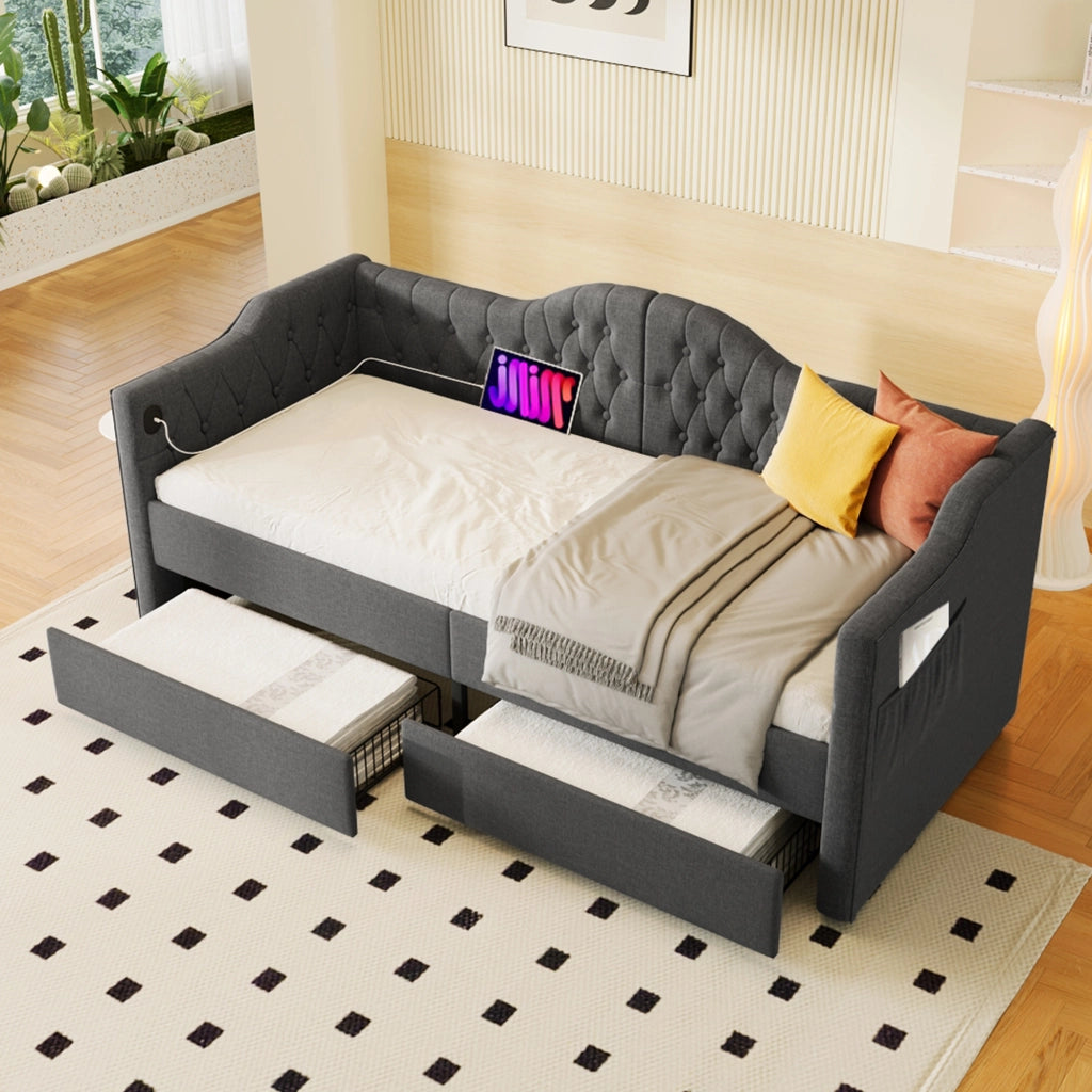 Letto Divano 90 x 200 cm; Letto Singolo con USB; Tipo C e 2 Cassetti; senza Materasso; Lino Grigio