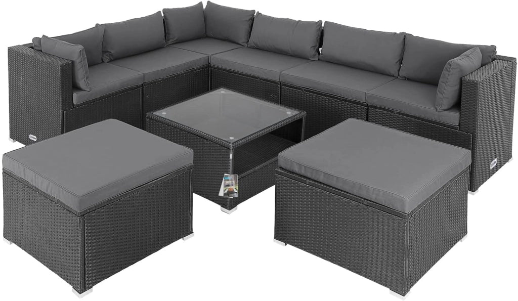Set Salotto in Polyrattan XL Cuscini Imbottiti Tavolo in Vetro Resistente Mobili da Giardino Salottino Angolo