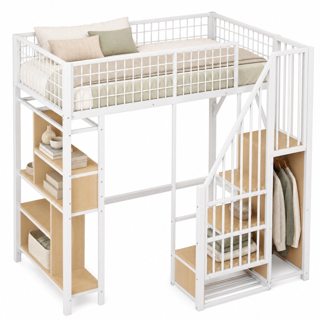 Letto a soppalco 90x200 cm con scala contenitore e vano portaoggetti; metallo e legno; bianco