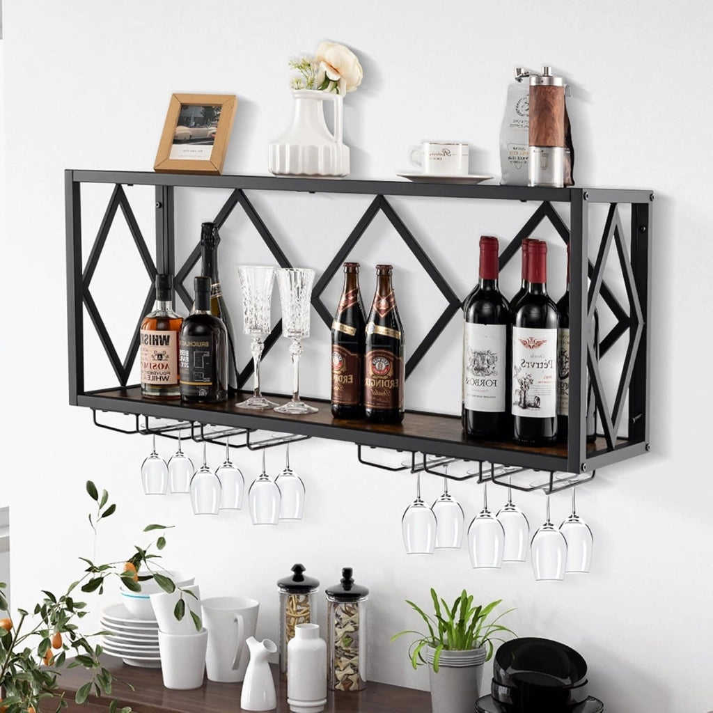 Scaffale Per Vino a Parete Con Supporto In Vetro, Scaffale Per Bottiglie a 2 Livelli, Portabottiglie Da Parete In Metallo, Per Bottiglie Di Vino, Industriale, 100 x 25 x 45 cm