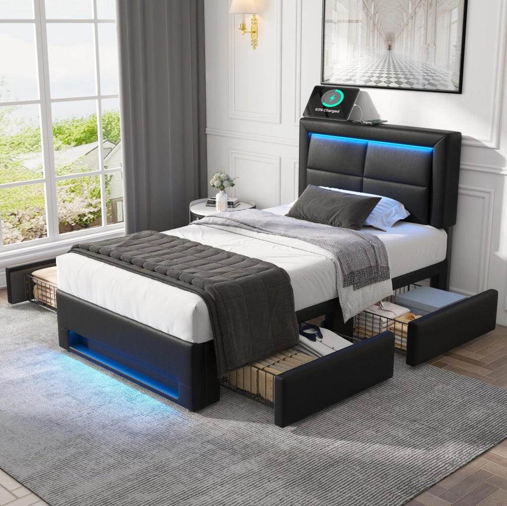 Letto imbottito 90x200 cm in PU nero con USB; illuminazione LED e 4 cassetti