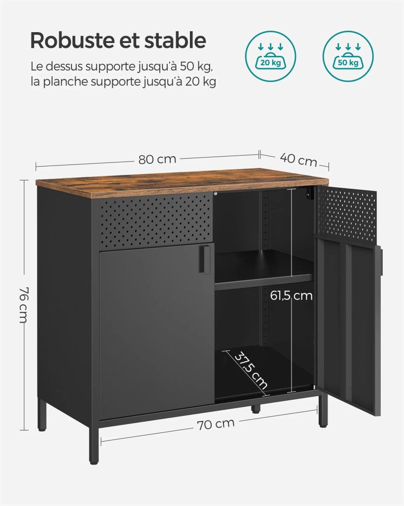 Mobile contenitore/credenza 80 x 40 x 76 cm con doppie ante magnetiche e ripiano regolabile per sala da pranzo soggiorno cucina ingresso struttura in acciaio stile industriale nero 12_0006433