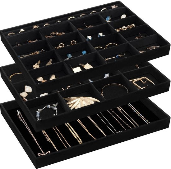 Organizzatore per gioielli, set a 3 pezzi per cassetti, cassettiera per gioielli, cassettiera per orecchini, orecchini, bracciali, anelli, orologi - nero completo