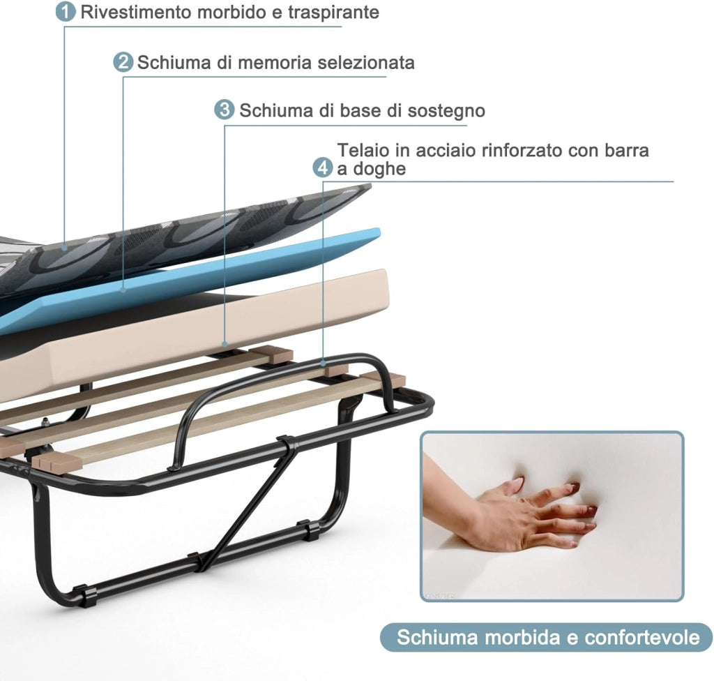 Brandina Pieghevole con Materasso, in Memory Foam, Struttura Resistente e 4 Ruote Girevoli, Lettino Pieghevole per Casa Ufficio, 190x80x33 cm (Grigio)