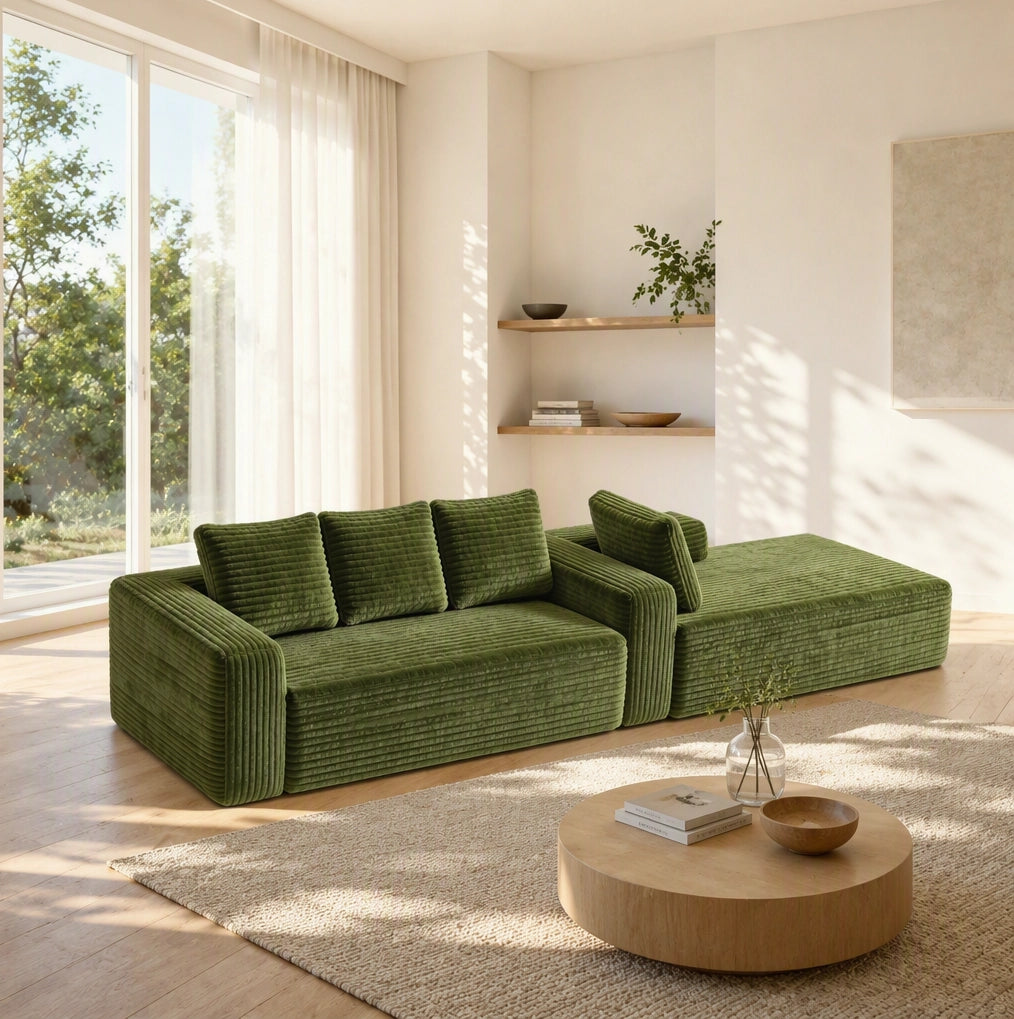 Divano modulare angolare a L con chaise longue reversibile; 261x168x58 cm; verde