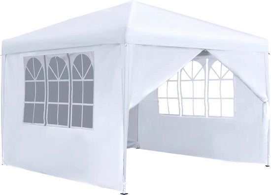 Tenda da Festa 2,5x2,5m (9m²) con 4 Pareti Laterali, Pavilione da Festa Impermeabile, Protezione UV, 50+ di Oxford Tela e Struttura in Metallo per Feste di Giardino, Campeggio, Bianca