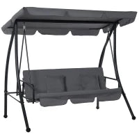 Dondolo da Giardino  a 3 Posti Convertibile in Letto con Tetto Regolabile, Materasso Incluso, Metallo e Poliestere, 2L x 1,25l x 1,7H m, Grigio Scuro