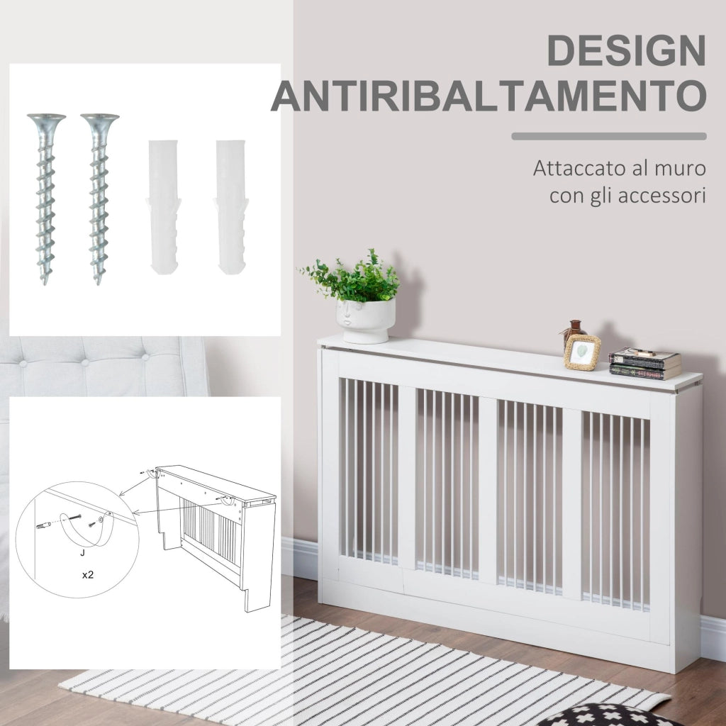 Copritermosifone a Doghe 120x18x84 cm in MDF e Acciaio Bianco