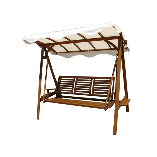 Dondolo marrone a tre posti in legno massiccio con telo bianco