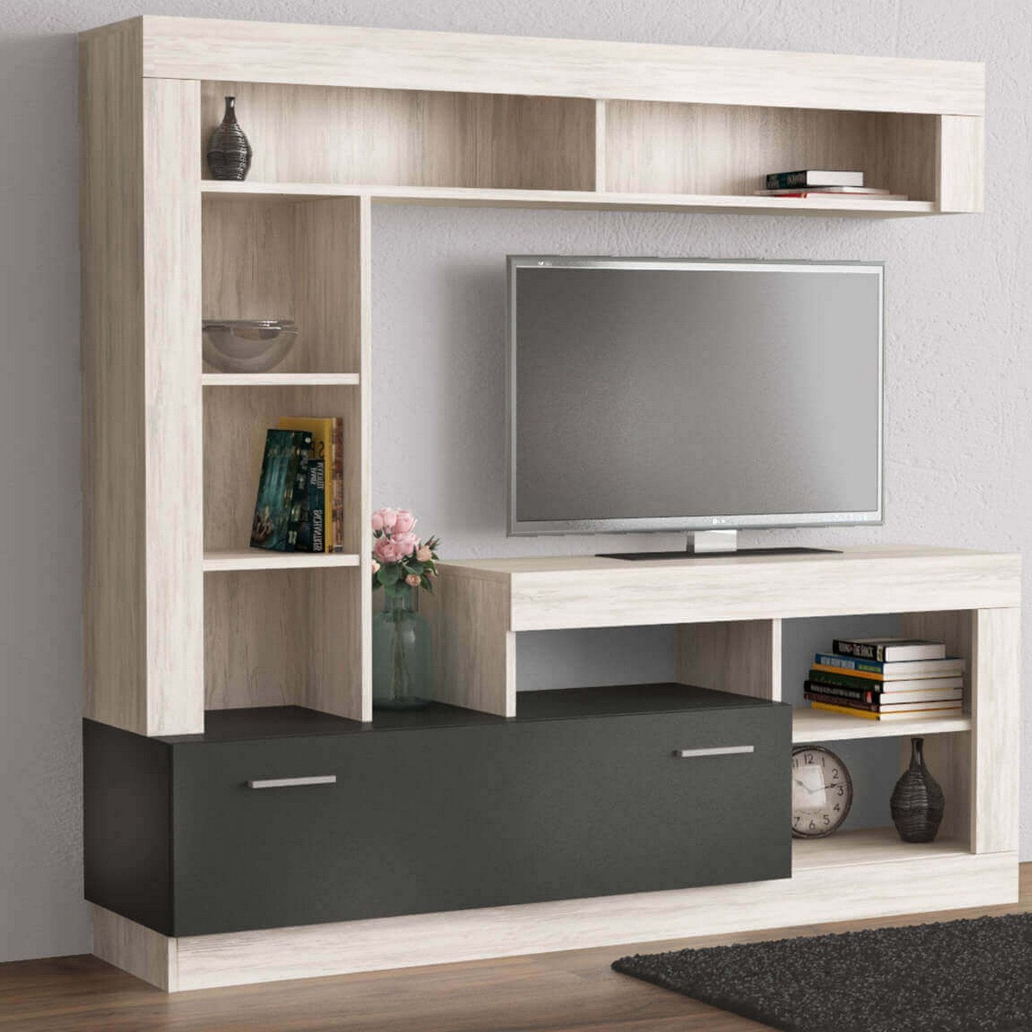 Parete attrezzata soggiorno di colore Antracite e Pino chiaro mod. Leonard