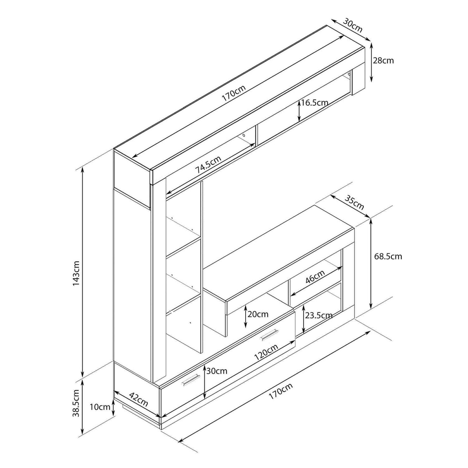 Parete attrezzata soggiorno di colore Antracite e Pino chiaro mod. Leonard