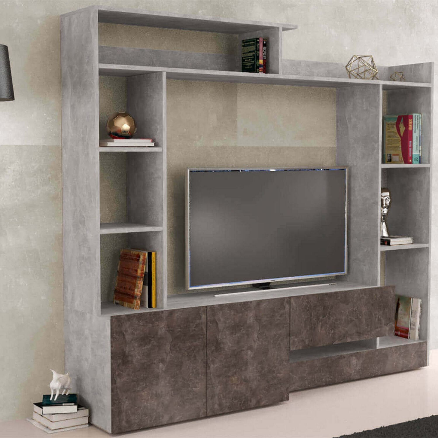 Parete attrezzata soggiorno di colore Grigio effetto cemento e Grigio scuro effetto cemento mod. Entry