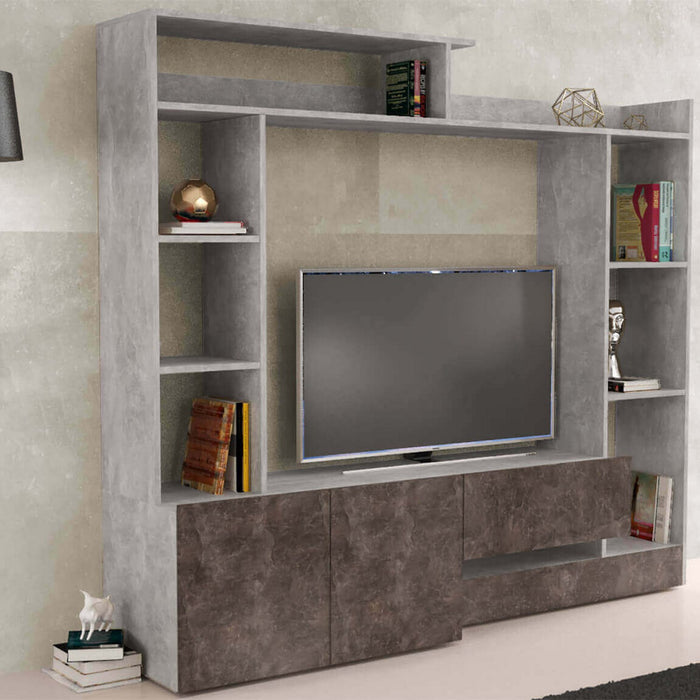 Parete attrezzata soggiorno di colore Grigio effetto cemento e Grigio scuro effetto cemento mod. Entry