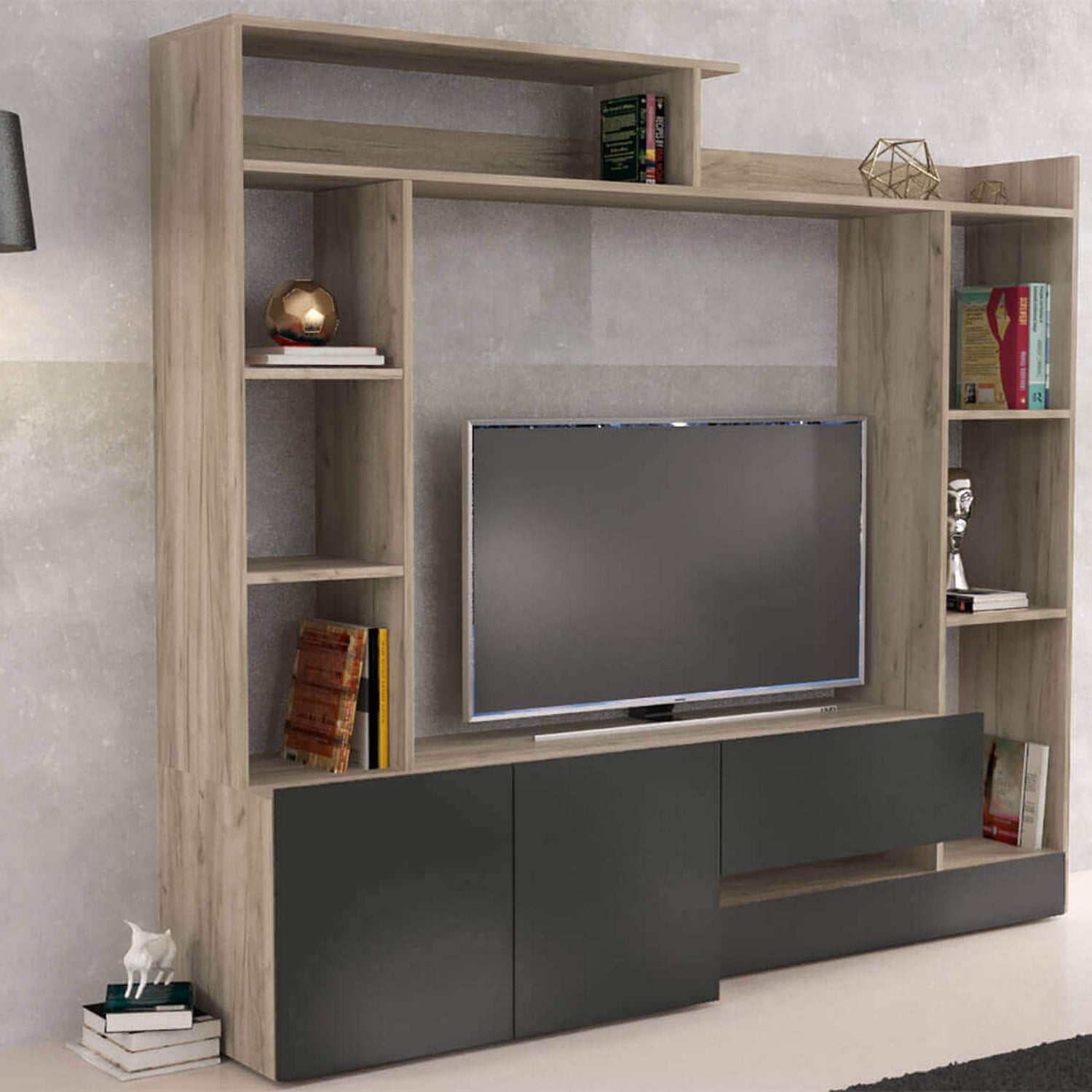 Parete attrezzata soggiorno di colore Antracite e Olmo mod. Entry