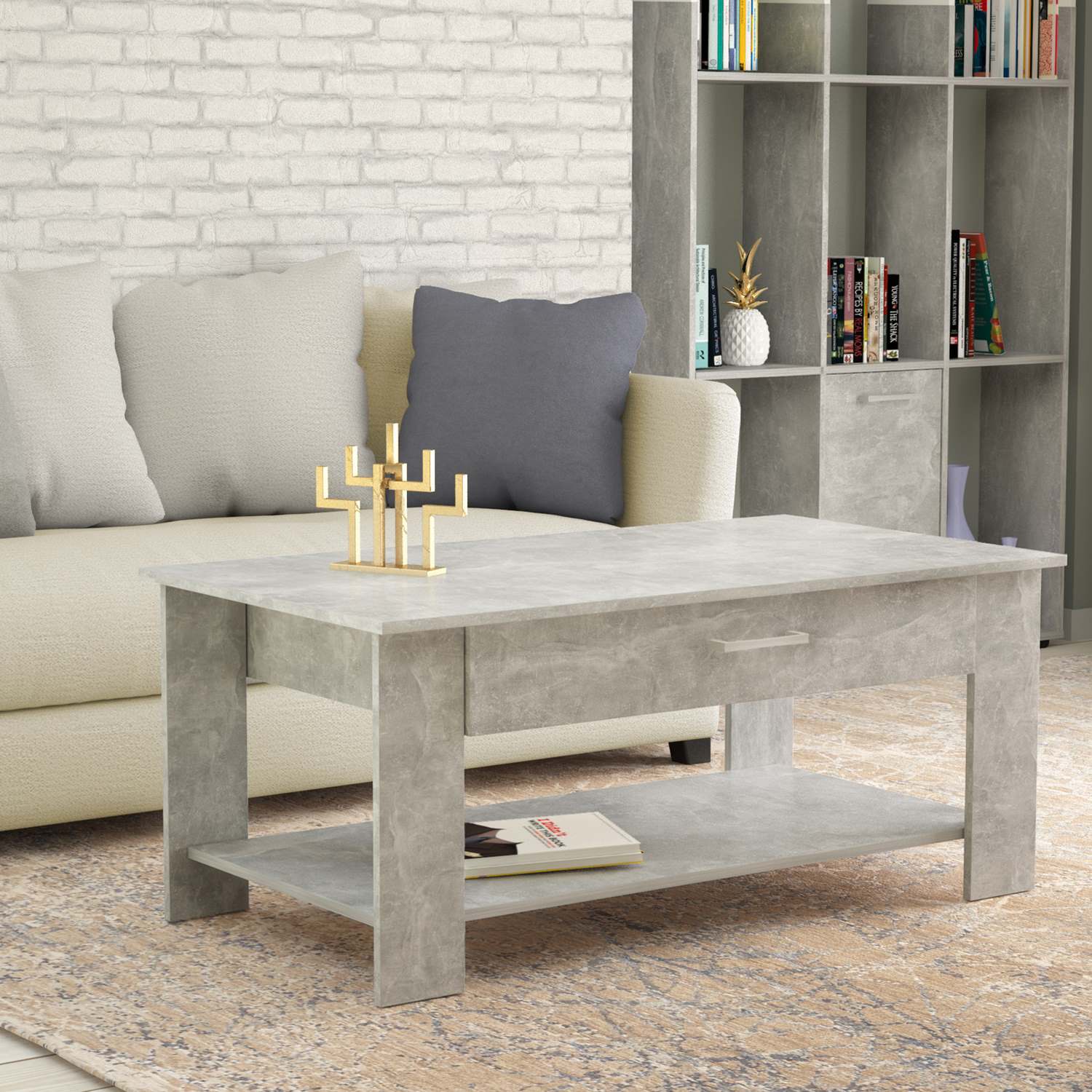 Tavolino da salotto di forma Rettangolare con cassetto e ripiano inferiore di colore Grigio effetto cemento mod. Myrto