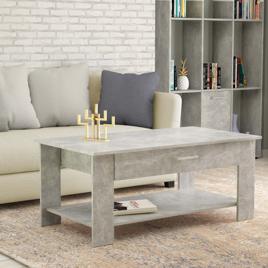 Tavolino da salotto di forma Rettangolare con cassetto e ripiano inferiore di colore Grigio effetto cemento mod. Myrto