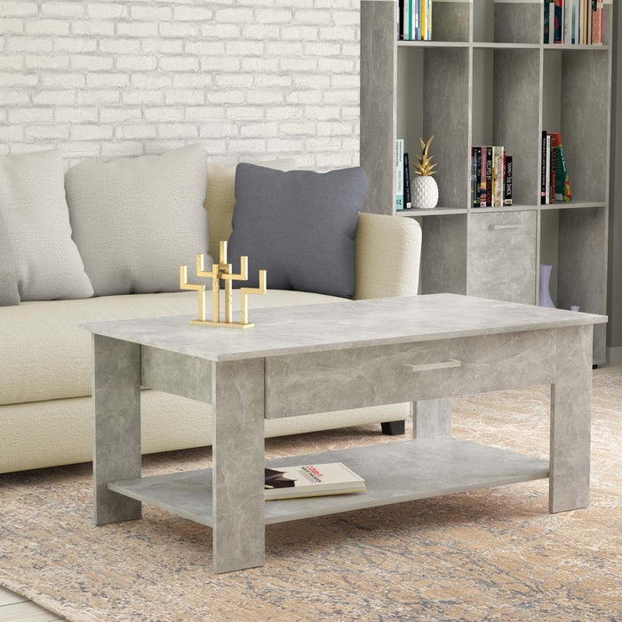 Tavolino da salotto di forma Rettangolare con cassetto e ripiano inferiore di colore Grigio effetto cemento mod. Myrto