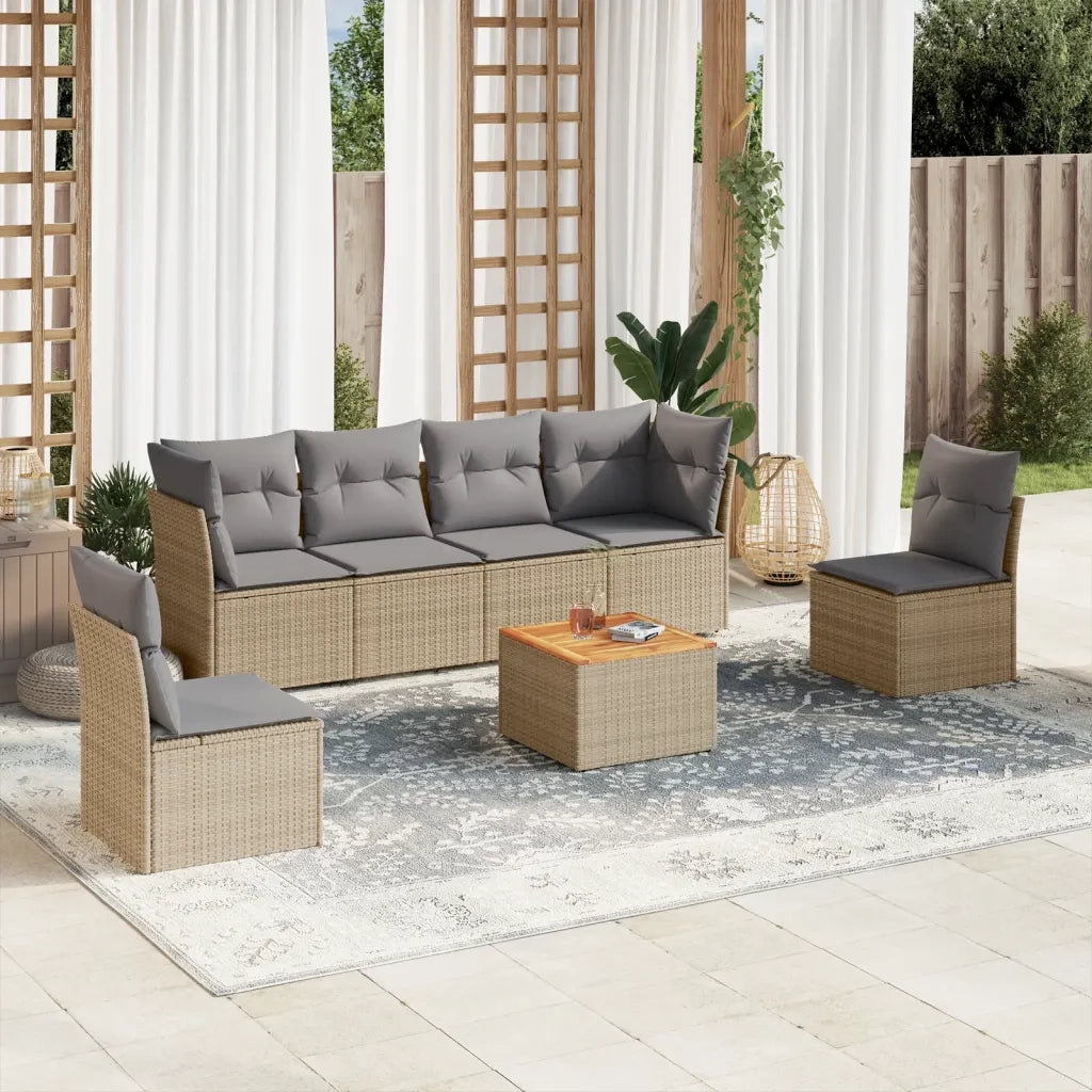 Set Divani da Giardino 7 pz con Cuscini Beige in Polyrattan