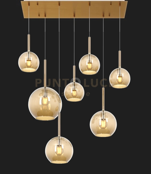 SOSP. OTTONE SAT. RETTANGOLARE 7 LUCI VETRI (1 GRANDE+2 MEDIO +4 PICCOLO) TUTTI AMBRA 1155OS-S7 RMIX-AM