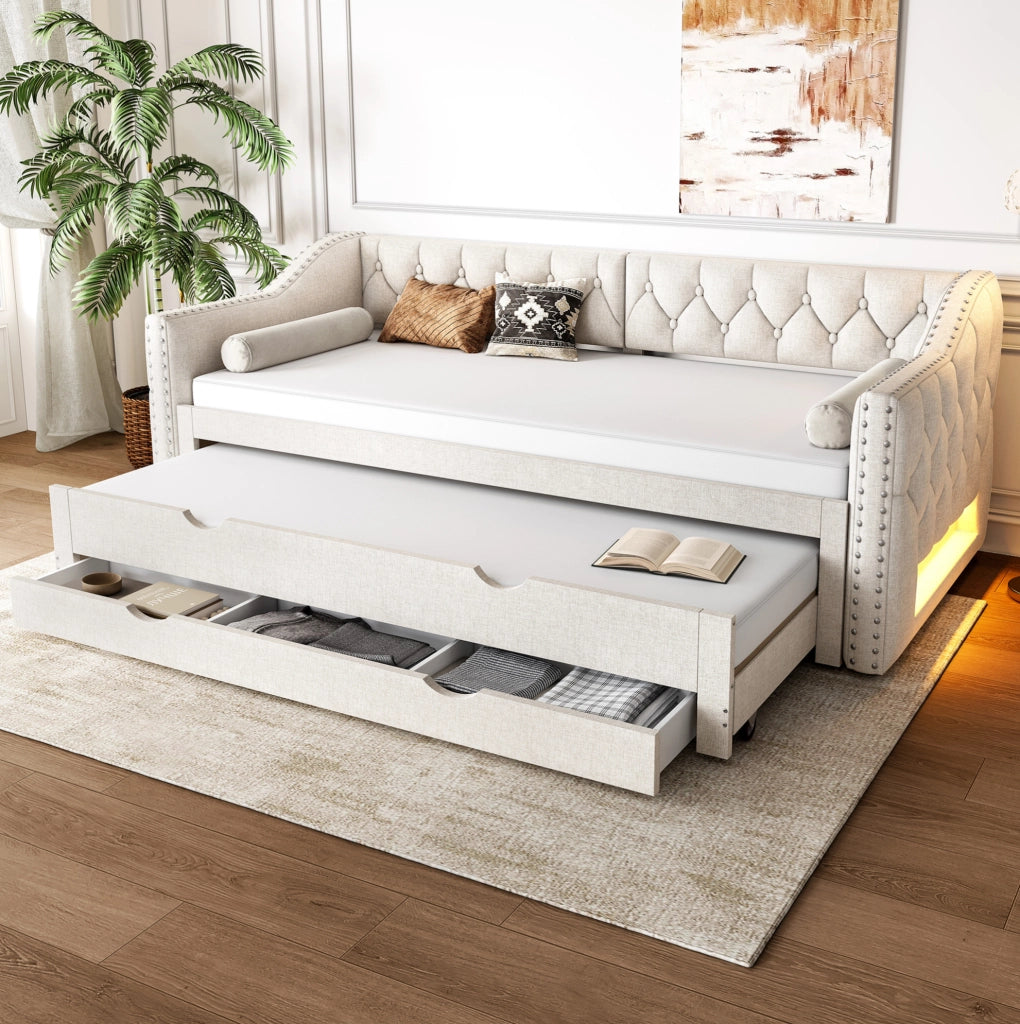 Letto da giorno 90x200 cm con LED; letto estraibile e cassetti in MDF e lino beige