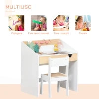 Set Scrivania e Sedia per Bambini con Cassetto e Scaffale, Bordi Arrotondati, Età 6-10 Anni, Bianco e Legno