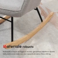 Poltrona a Dondolo Imbottita in Legno e Acciaio con Rivestimento Bouclé, 71x98x101 cm, Grigio