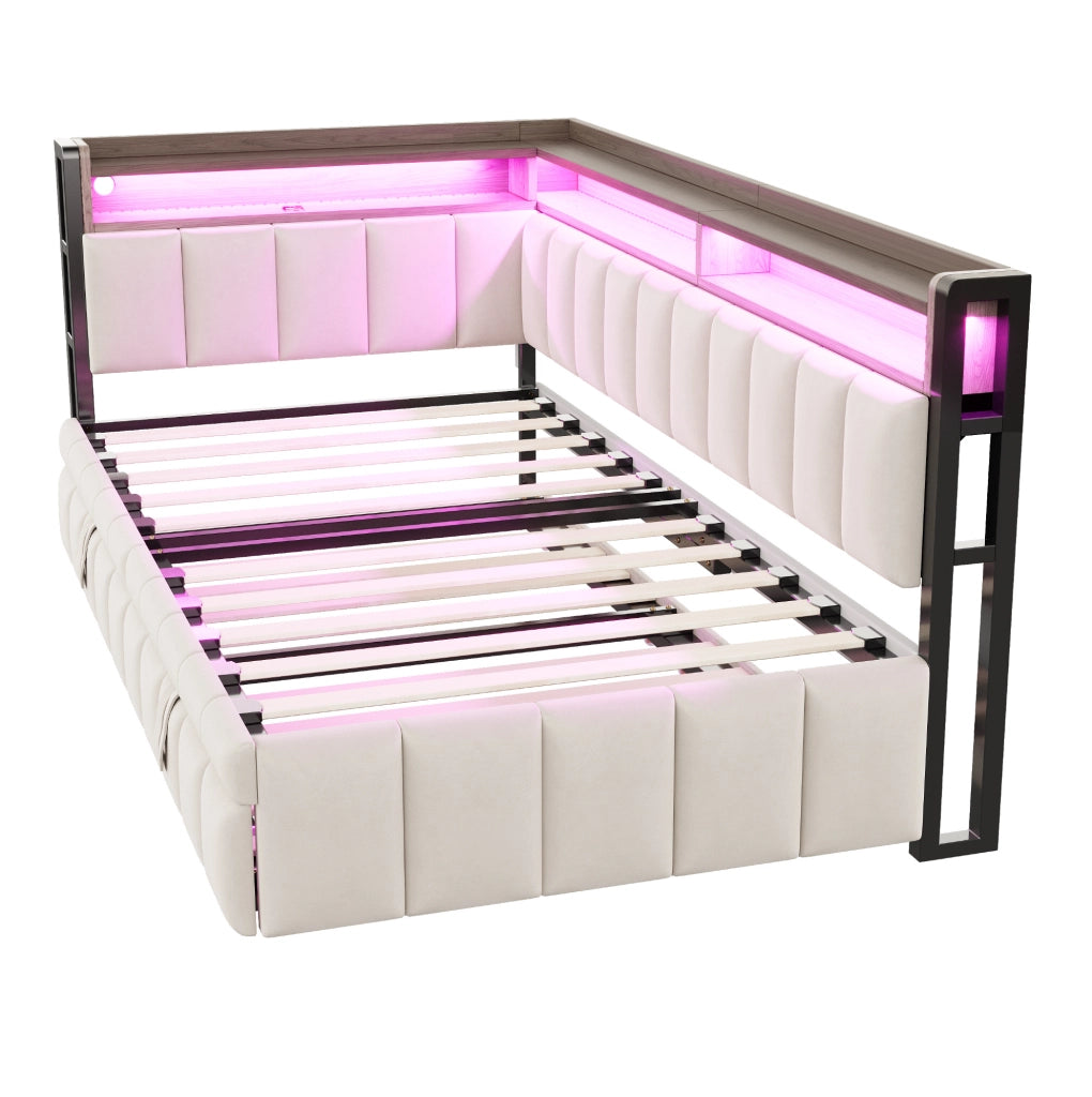 Divano letto estraibile 90x200 cm con LED; USB e USB-C in velluto beige