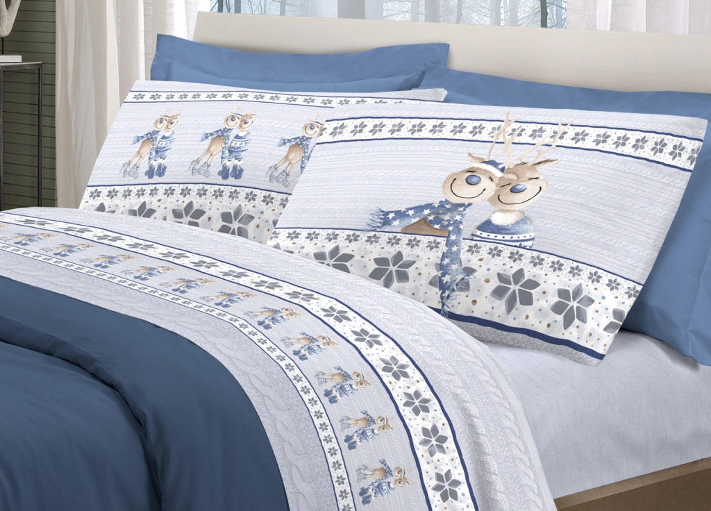Completo Lenzuola Linea Pensieri Delicati 100% Cotone Disegno Renna - Matrimoniale - Blu