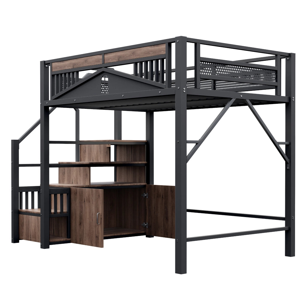 DESMIU Letto a soppalco matrimoniale con scala contenitore, armadietto e finestra 140 × 200 cm, senza materasso
