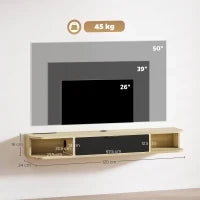 Mobile TV sospeso 120 cm, per televisori fino a 127 cm, cassetto ribaltabile 2 ripiani 120x24x16cm Nero