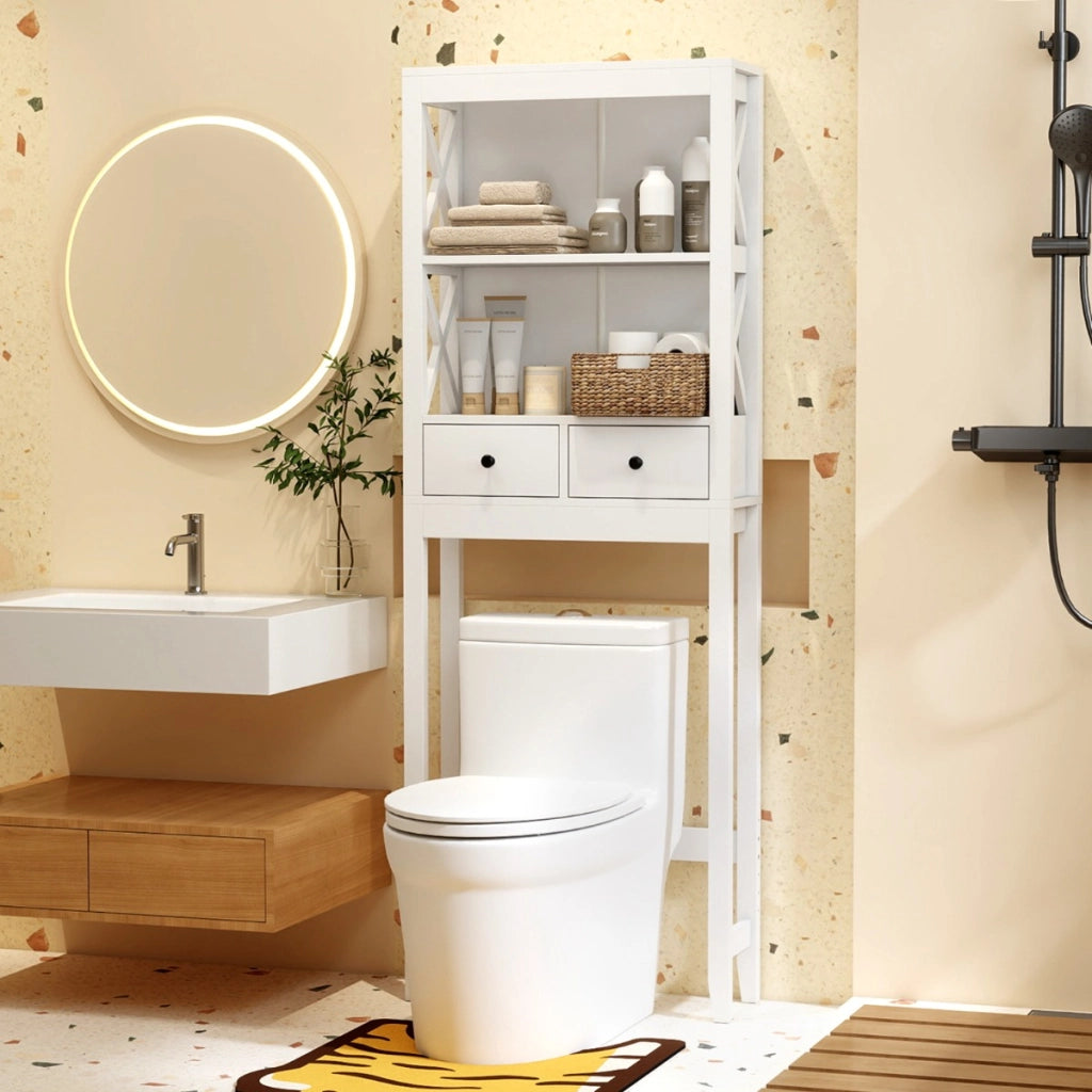 Organizzatore da bagno indipendente alto 165 cm con ripiani aperti, Mensola sopra il WC per lavanderia Bianco