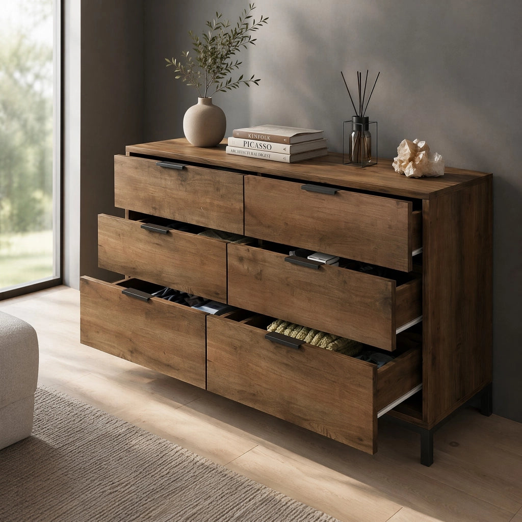 Cassettiera con 6 cassetti 120 x 40 x 76 cm, effetto rovere scuro, struttura in truciolare e metallo
