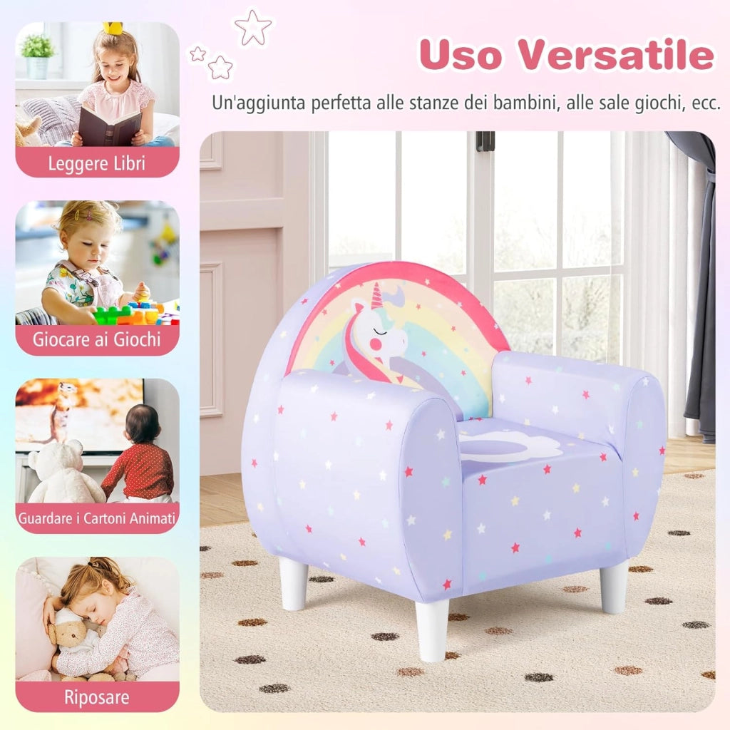 Divano per Bambini a Forma di Unicorno 55 x 40 x 55cm, Poltrona Imbottita con Tessuto Elastico Traspirante e Riempimento in Spugna, Mobile Moderno per Cameretta (Lilla)
