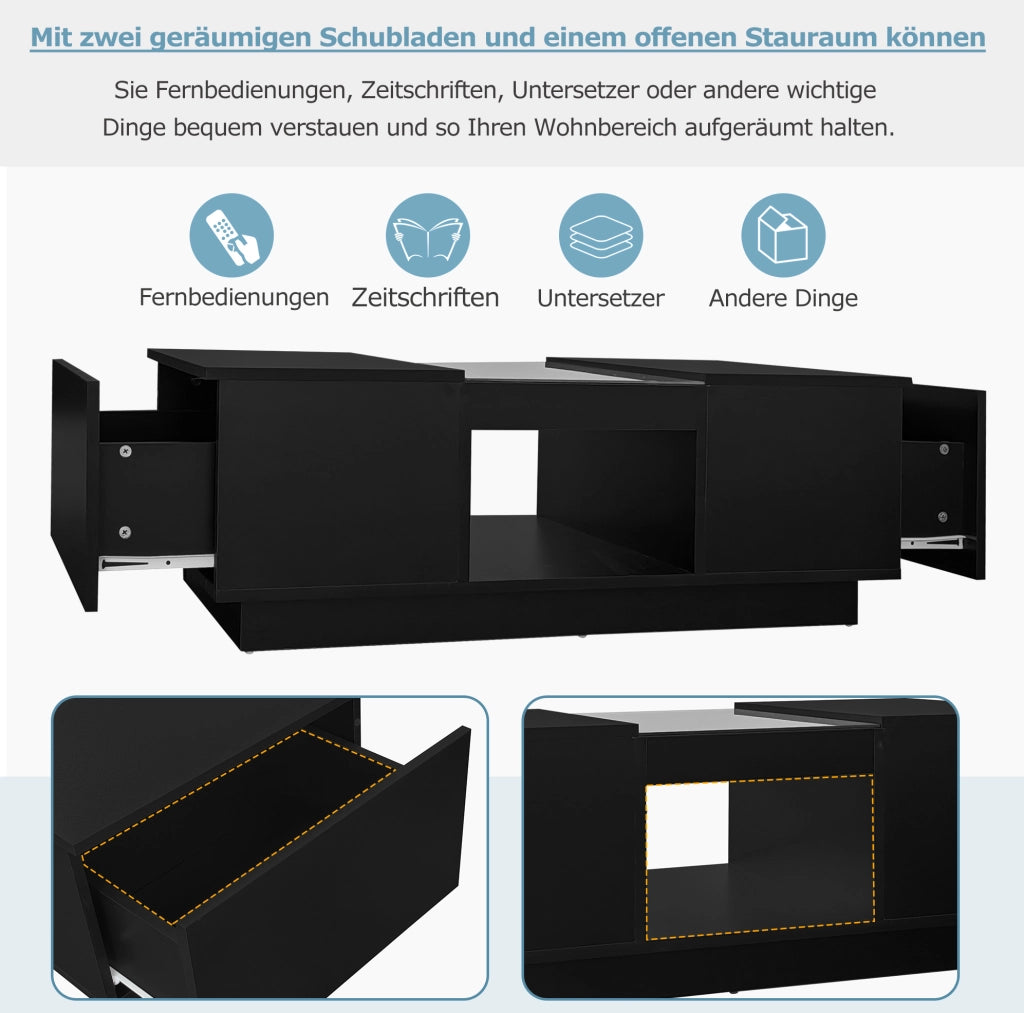 Tavolino da caffè nero LED con 2 cassetti, 100x50x35,5 cm