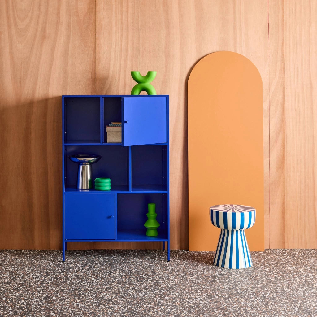 Credenza industriale in metallo con 6 scomparti, blu
