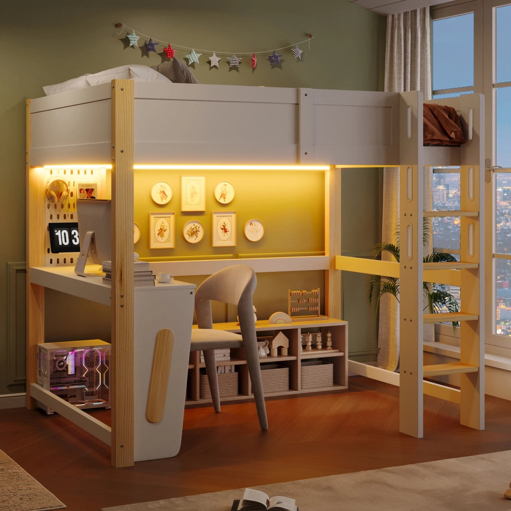 Letto a soppalco per bambini 140x200 cm, letto rialzato con scrivania integrata, pannello forato, illuminazione LED, pino, naturale e bianco