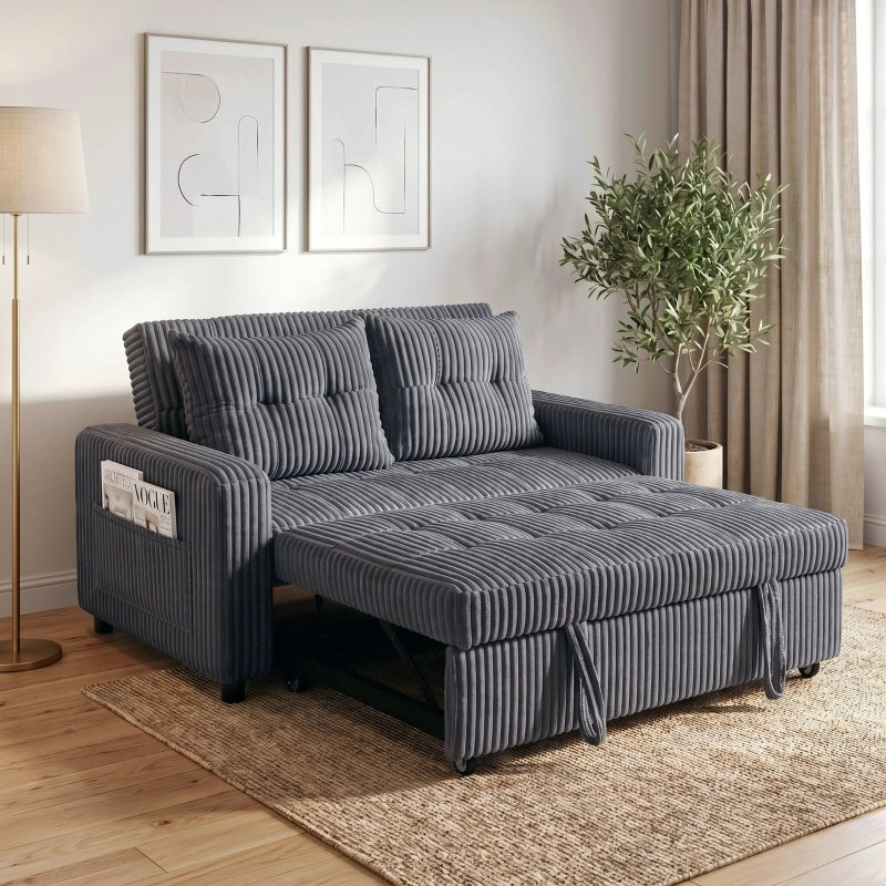 Divano letto 2 posti convertibile 3 in 1 con schienale regolabile, cuscini e tasche laterali in poliestere grigio scuro 190 × 126 cm