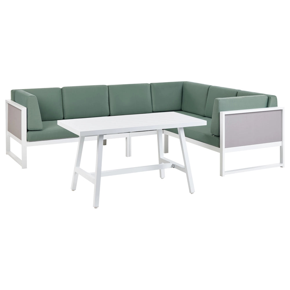 Set da salotto da giardino con tavolino bianco in alluminio bianco con cuscini verdi e tavolino stile moderno esterno