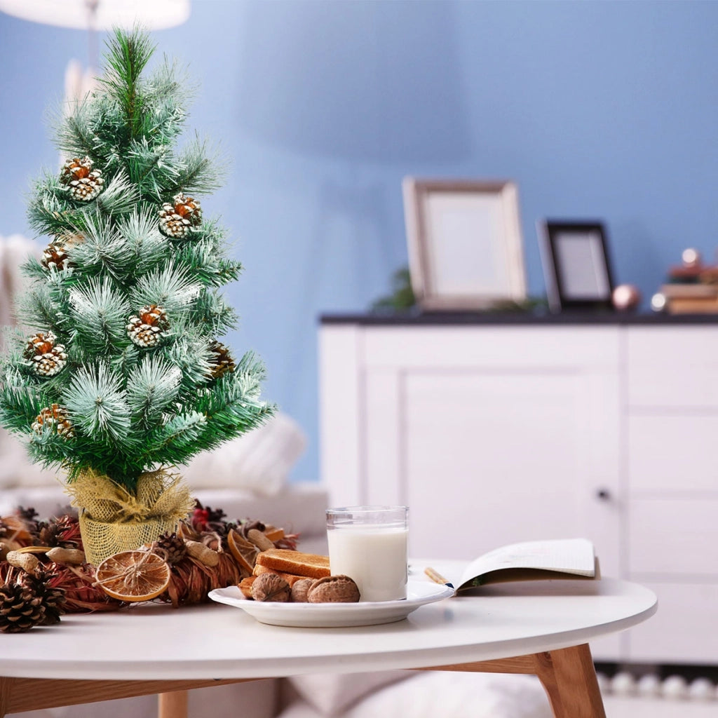 Albero di Natale innevato 60 cm, Albero di Natale artificiale con base stabile in cemento e lino-Alberi di Natale