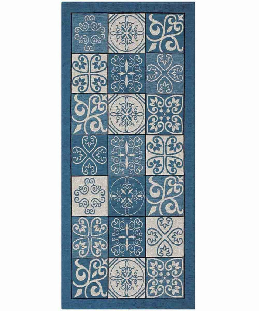 Tappeto disegno MAIOLICA BLU JEANS decorazione piastrelle ceramica, passatoia cucina multiuso lavabile in lavatrice e anti-scivolo cm.55x140
