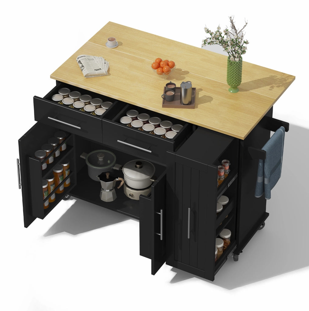Isola da cucina mobile con piano pieghevole; organizer estraibile a 3 livelli; MDF; nero e naturale