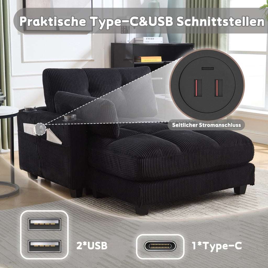 Poltrona Relax con Poggiatesta Regolabile; USB; 2 Portabicchieri e Tasca Laterale; in Velluto a Coste Nero
