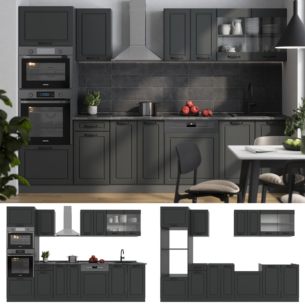 Cucina componibile R-Line Antracite rustico/Antracite 300 cm con armadio alto, PL Rovere Vicco