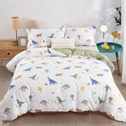 Set di lenzuola da letto per bambini 135 x 200 cm con disegni di dinosauri, 100% cotone, set da letto per bambini 2 pezzi con chiusura a zip e cuscino 80 x 80 cm, bianco e verde.