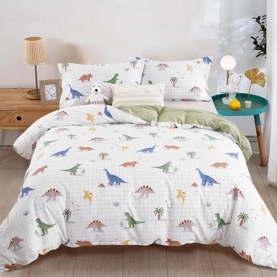 Set di lenzuola da letto per bambini 135 x 200 cm con disegni di dinosauri, 100% cotone, set da letto per bambini 2 pezzi con chiusura a zip e cuscino 80 x 80 cm, bianco e verde.