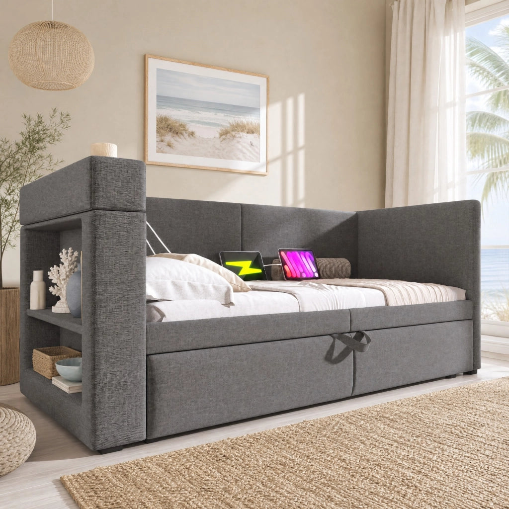 DESMIU Divano Letto 90 × 200 cm 1 posto con letto estraibile, 3 USB, Type-C e portabicchieri, senza materasso, grigio