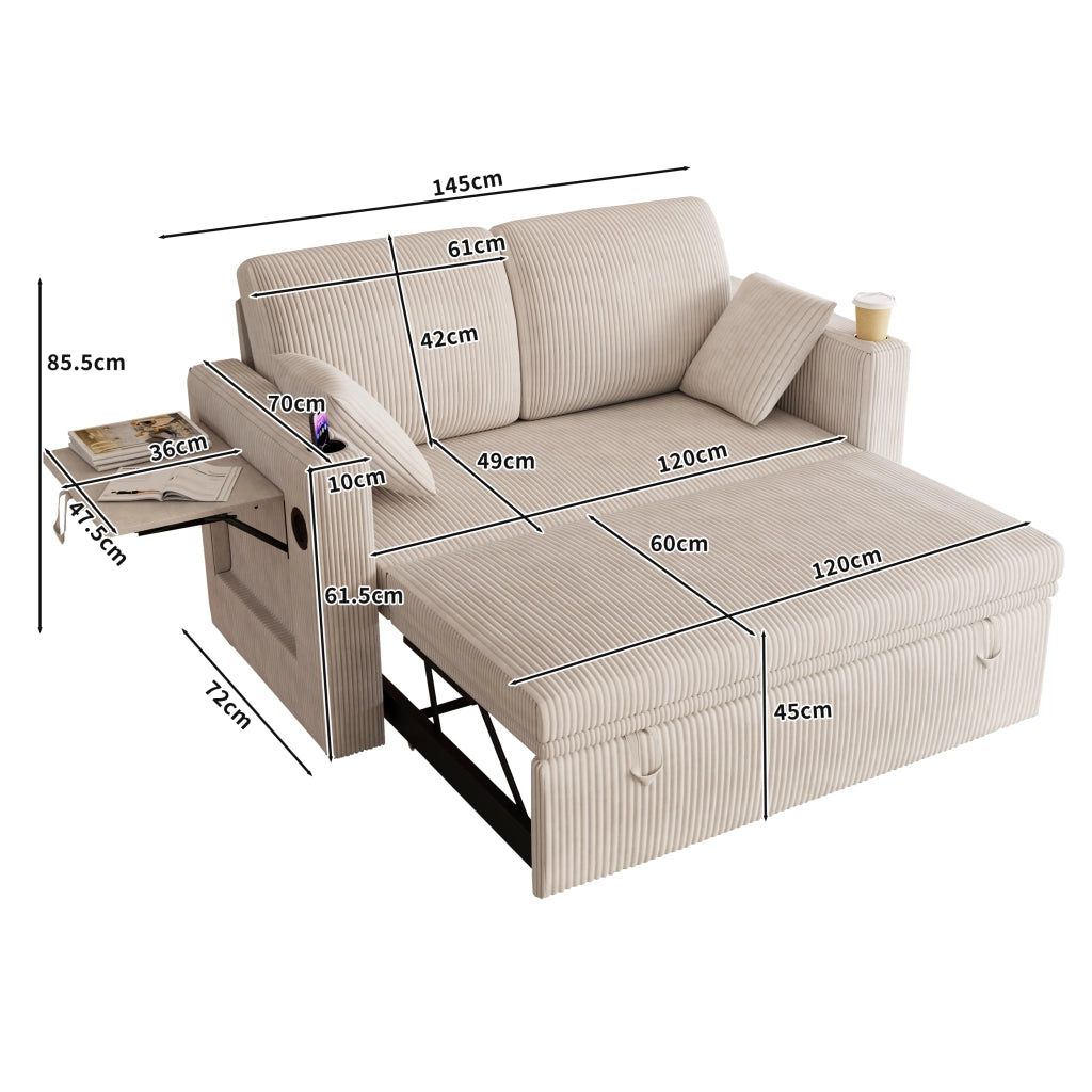 Divano letto 3 in 1 con schienale regolabile a 5 posizioni, portabicchieri, tasche laterali in velluto bianco