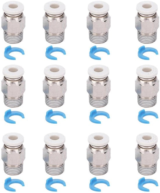 Connettori a pressione 12 pezzi - Connettori pneumatici - Acciaio inossidabile - Adatti per stampanti 3D - Formato compatto - Duraturo e resistente - Connettori