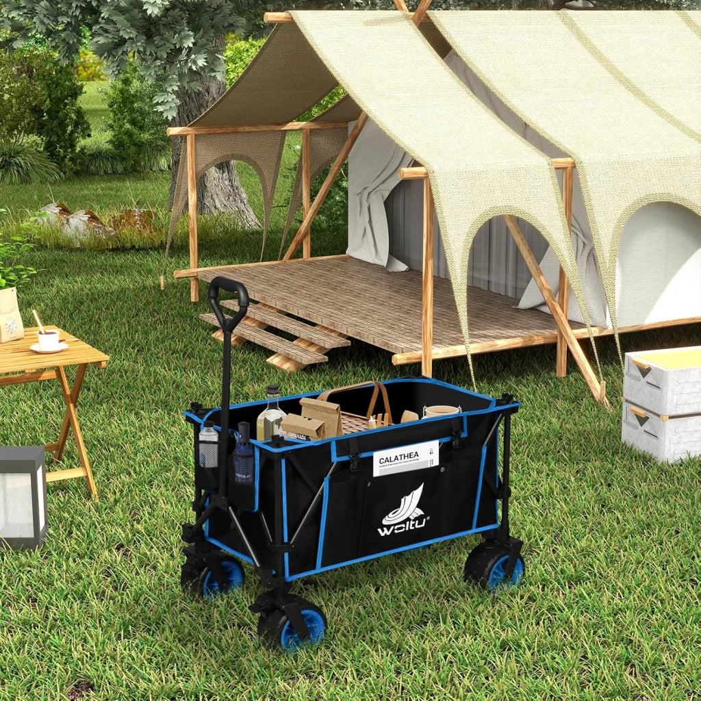 Carrello Pieghevole con Ruote da Spiaggia con Piano e Maniglia, Carrello da Giardino, Campeggio, Spesa, Borsa di Trasporto, Oxford+Acciaio, Nero+Blu