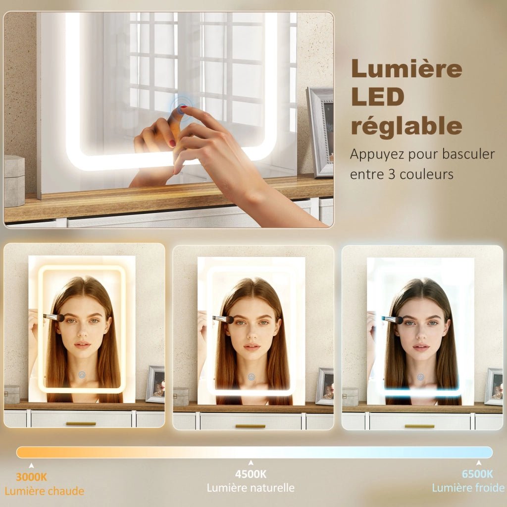 Scrivania trucco con specchio e luci LED ¨C Zephmum ¨C 118.5x39.5x140 cm naturale